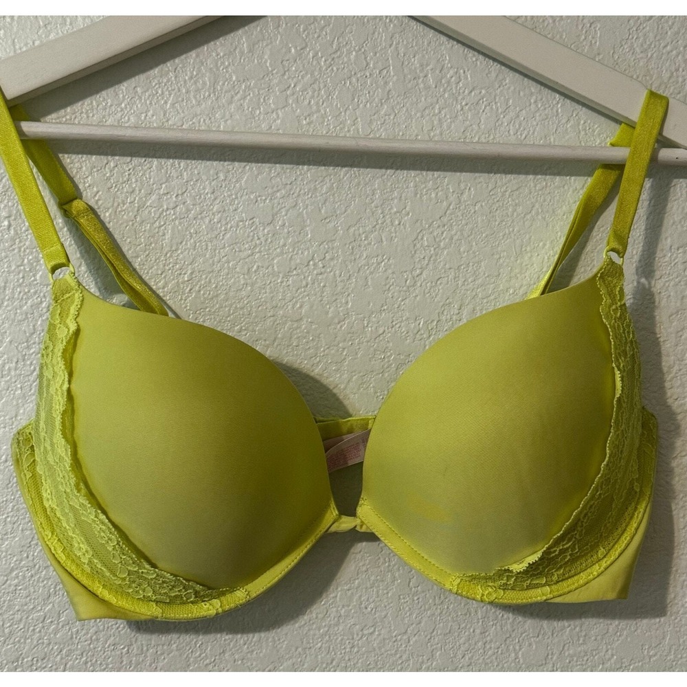Victoria's Secret Pink‎ Push Up Bra Neon Lime Green 36D Lace Trim